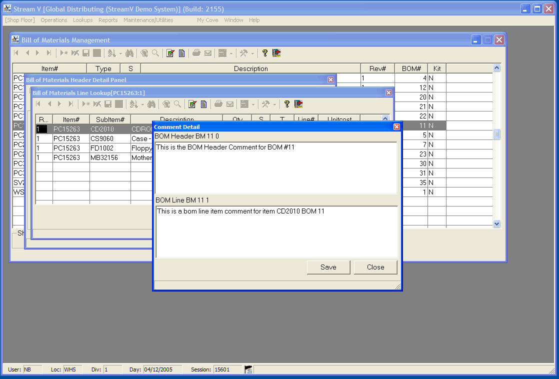 You can leave multiple comments. View and edit both the comment for the selected bill of materials header and the comment for the selected bill of materials line item