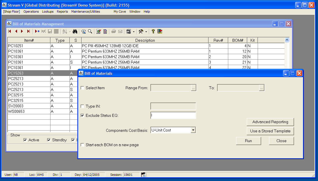 Stream V's Integrated Business Software - The bill of materials report is used to output detailed information about each Bills of Materials that have been defined on your system.