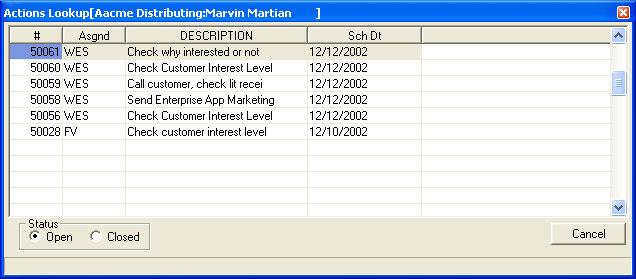 In Stream V CRM, The Actions Lookup program allows you to view or edit existing Actions records, and to create new Action records.