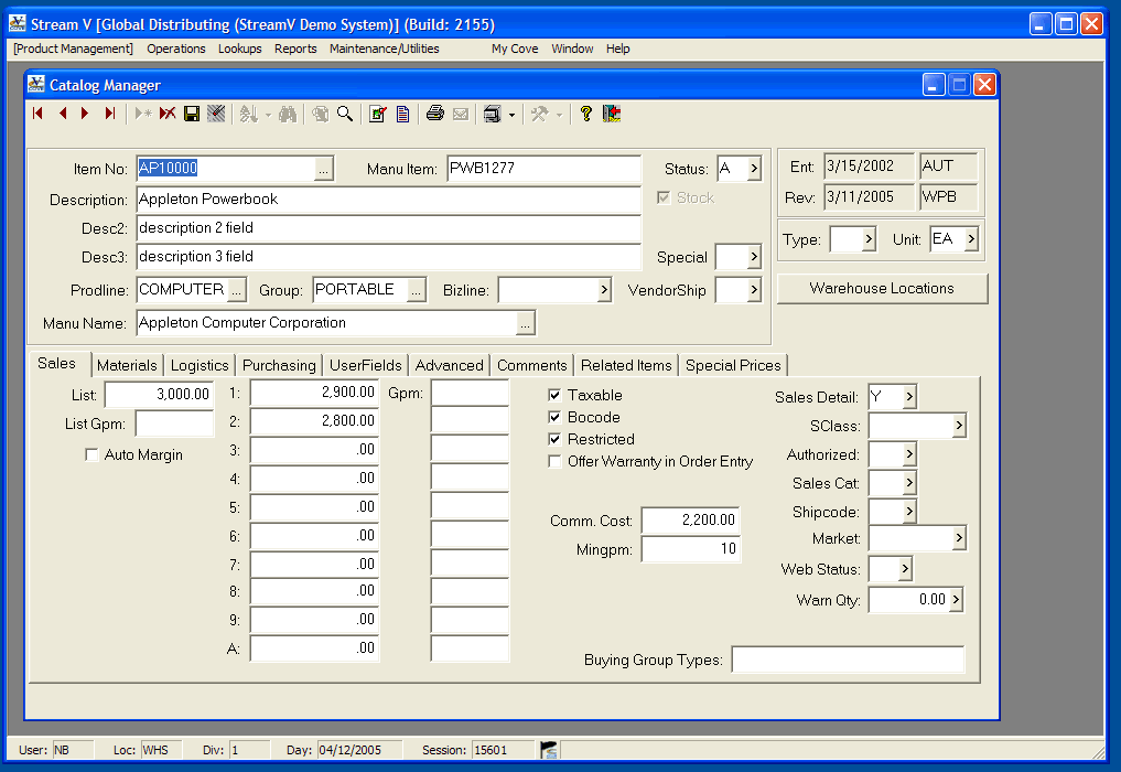 The Product Catalog defines the items that are available in the Stream V System.