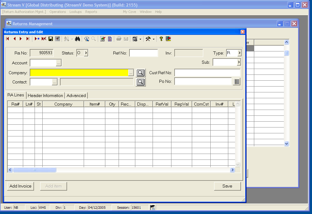 Stream V's Integrated Business Software - As you save each new Return Authorization record, the system assigns the return a unique RA Number.