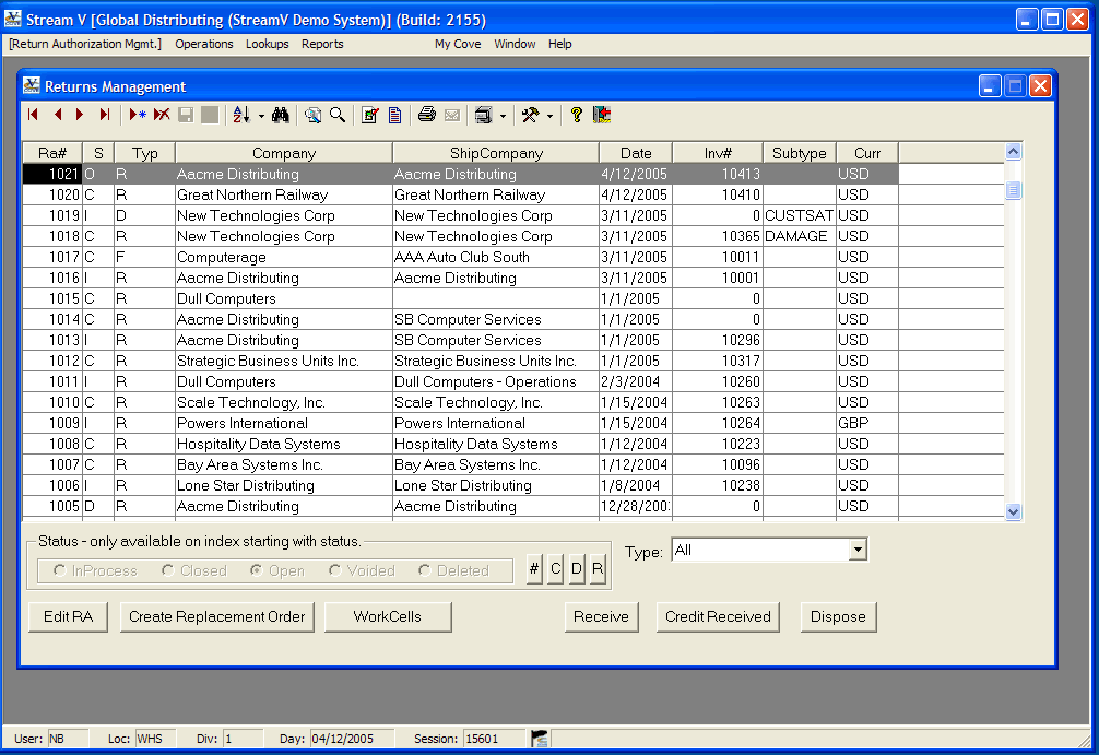 The Returns Management program requires you to select the items for each RA by invoice number. As you insert each new Return Authorization, the system displays the Invoice Lookup program - The Stream V Integrated Business Software.
