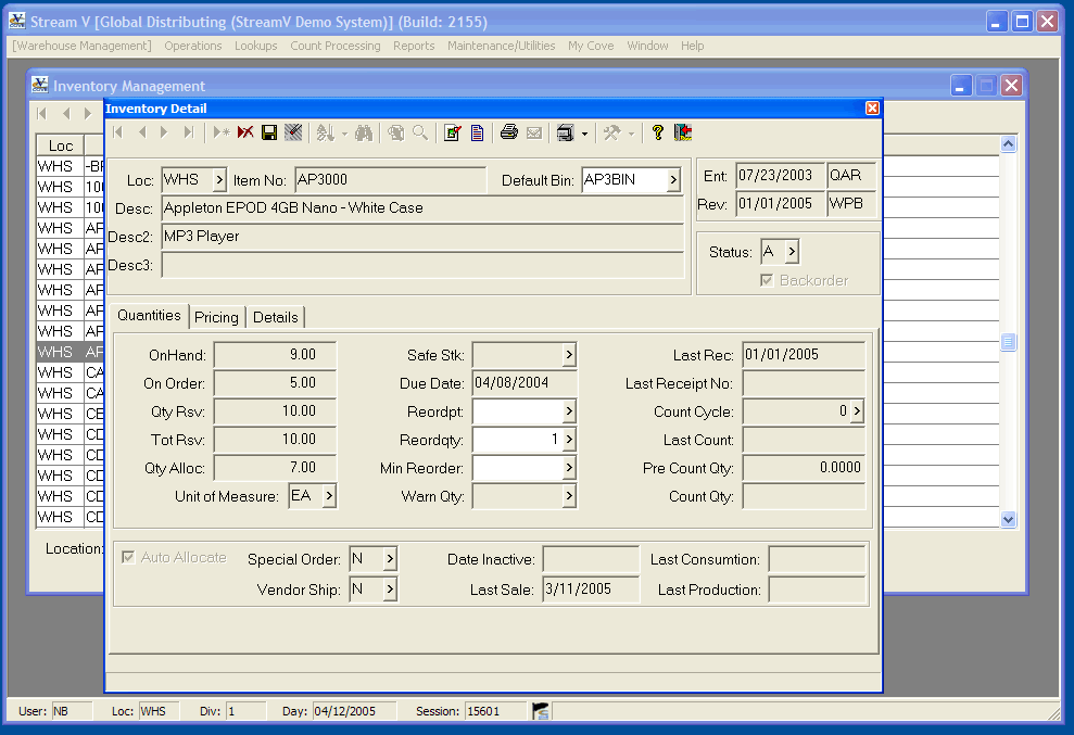 Extensive information is stored about each inventory item to provide the maximum amount of flexibility and integration with other Stream V modules