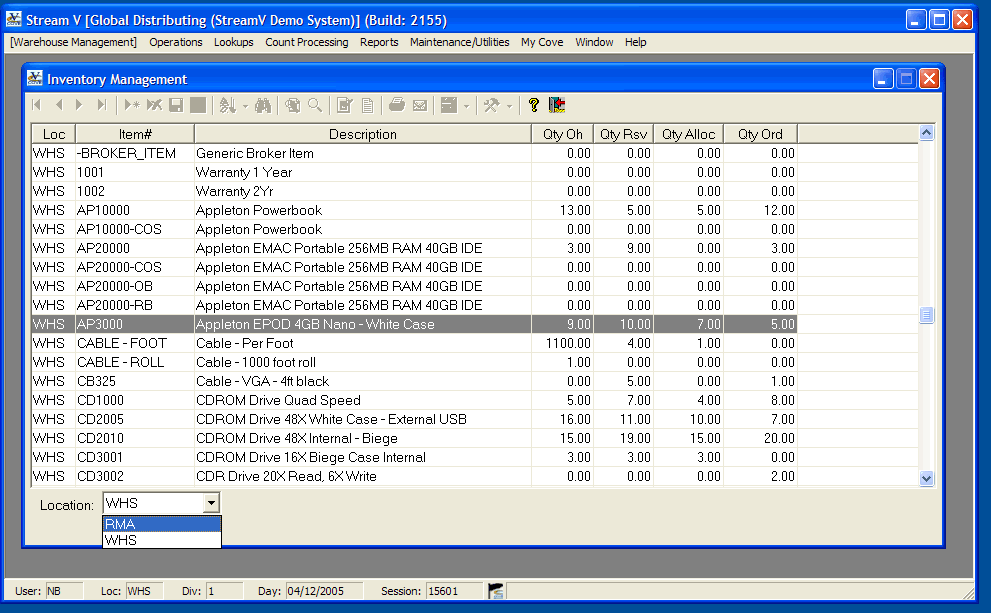 Stream V Warehouse Management System has the ability to track inventory in multiple locations, either local or remote.