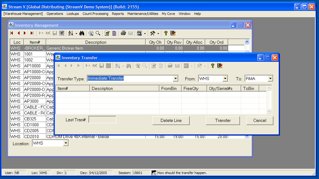 The Stream V Warehouse Management System is an on-line, real-time, transactional system with activity pertaining to inventory recorded in an inventory transaction file.